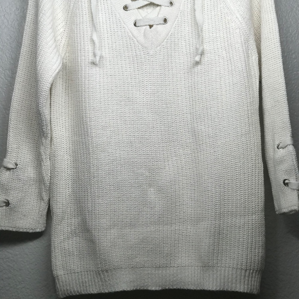 Cream Lace Up Rib Oversized Knit Sweater - Picture 10 of 11